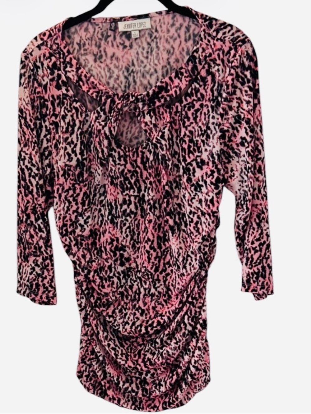 Jennifer Lopez Pink & Black Animal Print Keyhole Side Ruching Top Size L